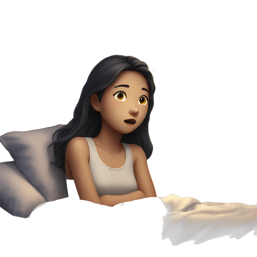 a teenage korean girl lying in bed at night, covers pulled up to her chest. she slowly turns her head, looking surprised or curious. soft moonlight shines through the window, casting gentle shadows in the room.