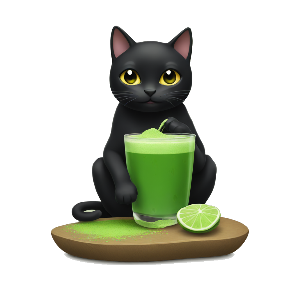 black cat drinking matcha