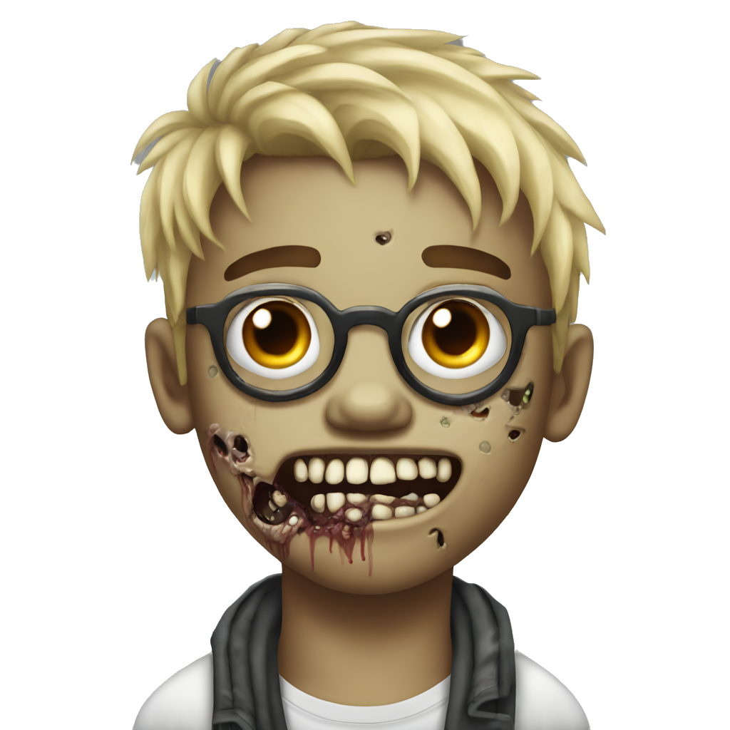 a blonde boy zombie with facial piercings like a septum, nose stuf, eyebrow piercing, and a lip piercing. make him have a wolfcut hairstyle with glasses on