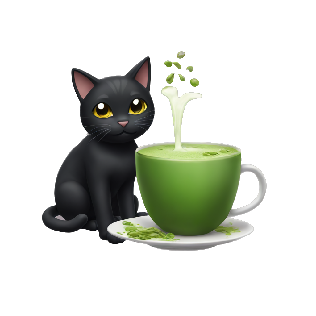black cat drinking matcha