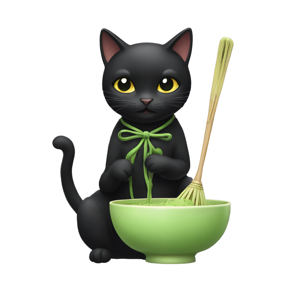 black cat whisking matcha