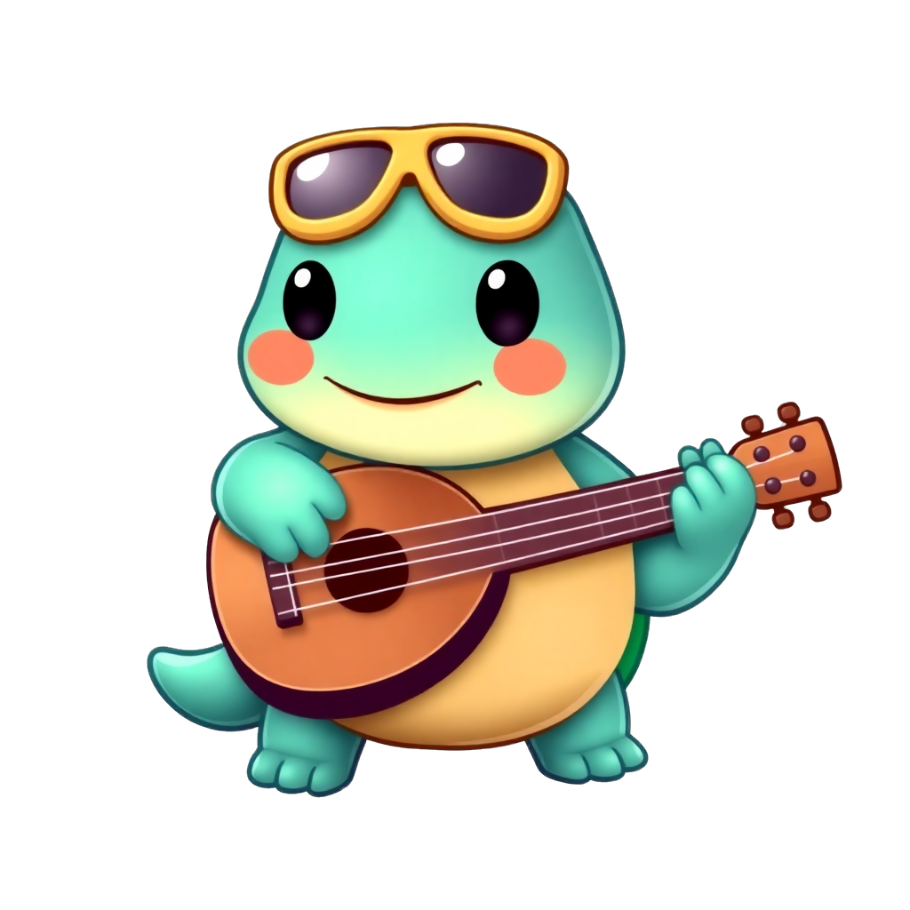 a turtle playing ukulele, super cute, kawaii style, chibi turtle, adorable expression