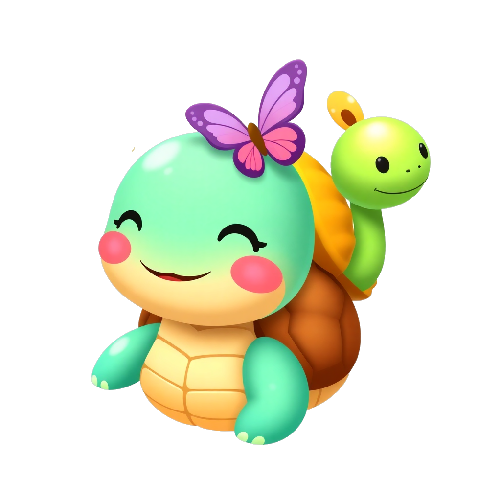 a turtle with butterfly, super cute, kawaii style, chibi turtle, adorable expression